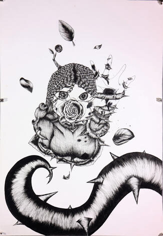 19 ¾x27 ½ inches Peterboro Illustration Board, Pigma Micro pen, Sharpie Oil-Based Marker This piece was made for a Vanier College Art Scholarship. Inspired by philophobia, the fear of love and intimacy. mix with the fictional disease, “Hanahaki".