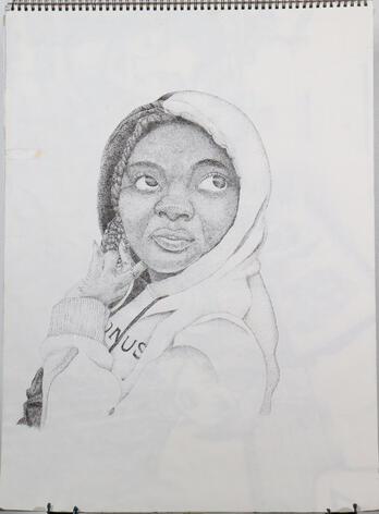 8 x 24 inches Canson XL Series Paper Sketch, Pigma Micro pen This piece uses pointillism to create a self-portrait. I used this method during my Drawing II class to understand that the material used can not be erased once it is added, and for shading.
