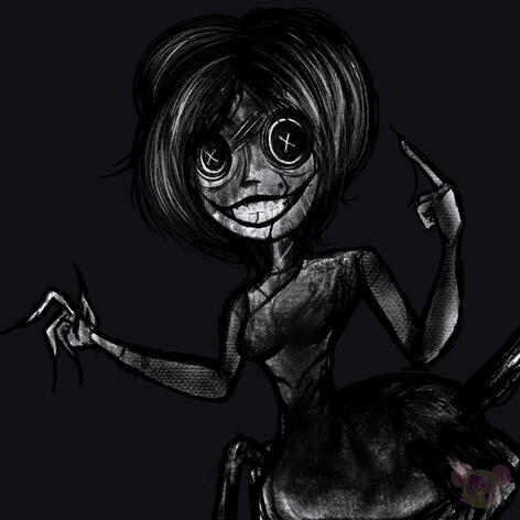 11.81 x 11.81 inches, Procreate This was a drawing made for an English Class. This drawing is based on how I see the Beldame from the Caroline book. She looked old, used, dirty, and creepy, her colourless, with worms. With her iconic spider bottom.