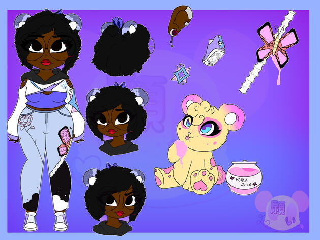 53.63x40.26 inches, Procreate This piece is a reference sheet for my persona. I’ve also created my mascot, Miya the Bear. I added a few references, like the honey juice being a close reference to the butterfly juice from the Nintendo game Miitopia.