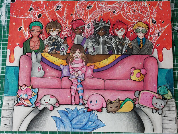 19.69" x 27.56 inches(proximately), Faber-castell polychromos, Sharpie Oil-Based Marker This is the first large pencil art project I've done. It was a birthday present for my best friend, Strawbunny. This is a drawing based on stuff she loves.